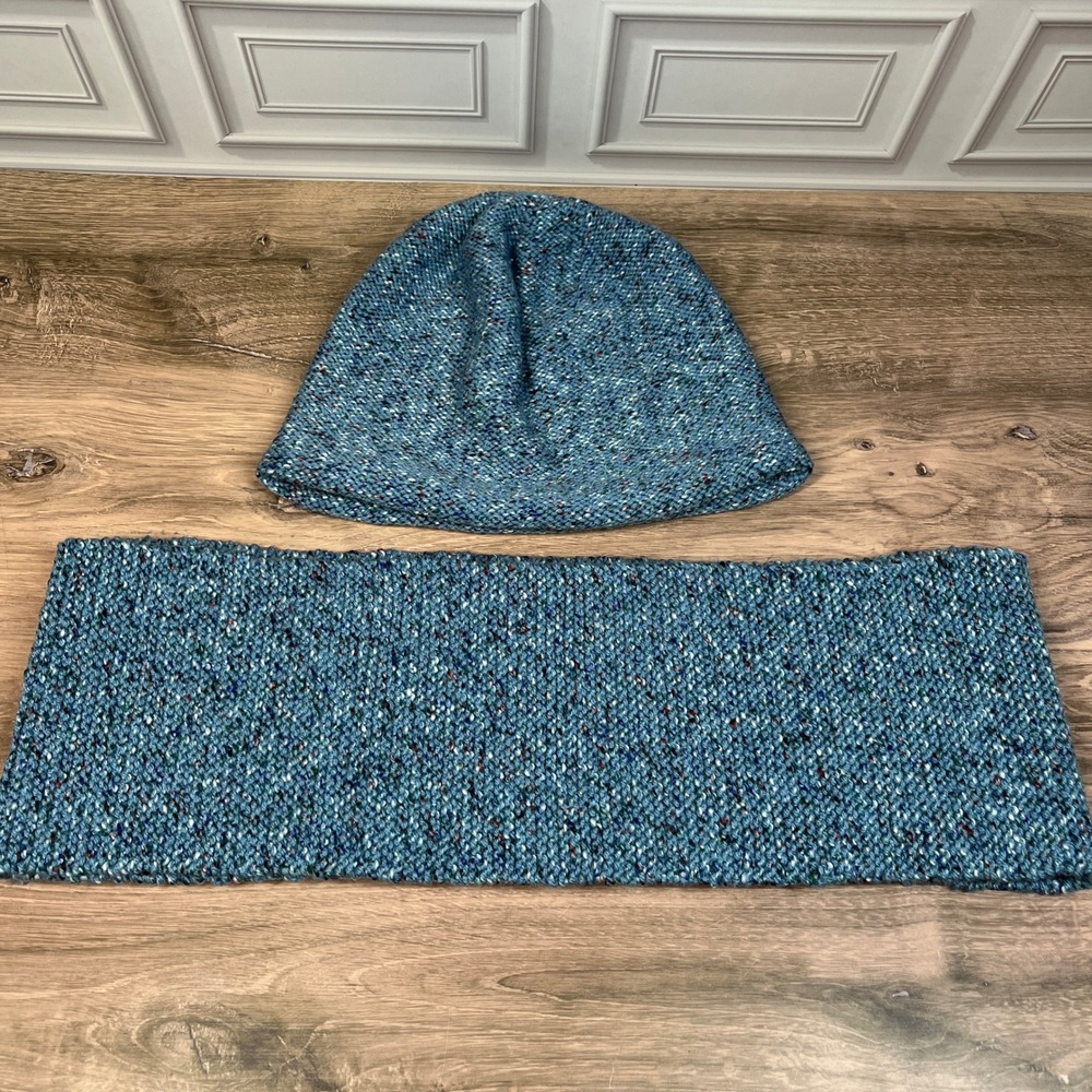Handmade Knit‎ Beanie Scarf Set Unisex One Size Blue Marl Winter Accessory